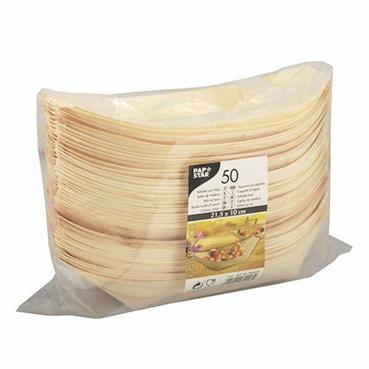 Um pacote selado com 50 pratos ovais de madeira "pure" barquinhos (21,5 x 10 cm) da PAPSTAR GmbH, feitos de madeira leve ecológica, mostra a marca, quantidade e tamanho - ideal para servir finger food em qualquer evento.