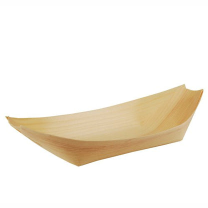 As 50 bandejas de madeira "pure" para finger food da PAPSTAR GmbH são pequenas, ecológicas e leves bandejas de madeira em forma de barquinho - ideais para servir snacks ou street food.