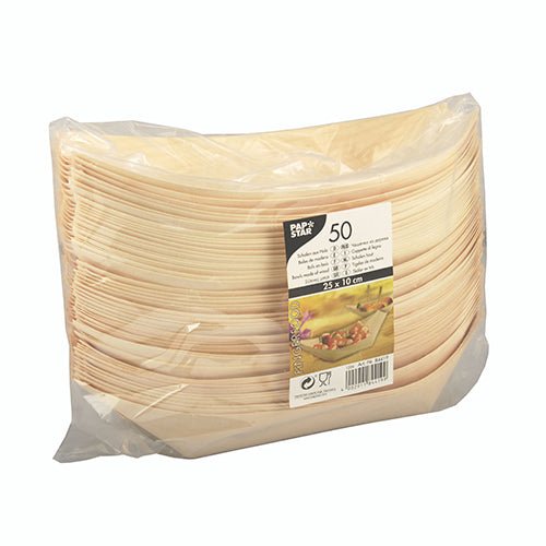Uma embalagem de plástico transparente da PAPSTAR GmbH contém 50 bandejas de madeira para finger food (barquinhos), cada uma retangular e de uso único. O rótulo na frente mostra detalhes do produto e uma imagem de finger food em um prato.