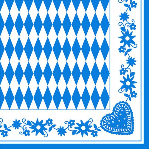 Os guardanapos PAPSTAR 1/4-Dobra, 40x40 cm, Bayrisch Blau (3-camadas) apresentam um padrão de losangos azul e branco com bordas florais azuis e um motivo de coração. Disponível em embalagens de 50 unidades na PAPSTAR GmbH.