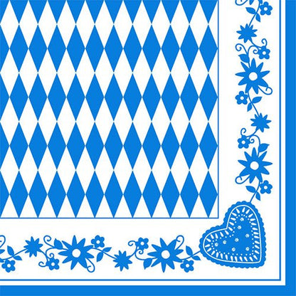 Os guardanapos PAPSTAR 1/4-Dobra, 40x40 cm, Bayrisch Blau (3-camadas) apresentam um padrão de losangos azul e branco com bordas florais azuis e um motivo de coração. Disponível em embalagens de 50 unidades na PAPSTAR GmbH.