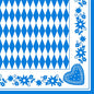 Os guardanapos PAPSTAR 1/4-Dobra, 40x40 cm, Bayrisch Blau (3-camadas) apresentam um padrão de losangos azul e branco com bordas florais azuis e um motivo de coração. Disponível em embalagens de 50 unidades na PAPSTAR GmbH.