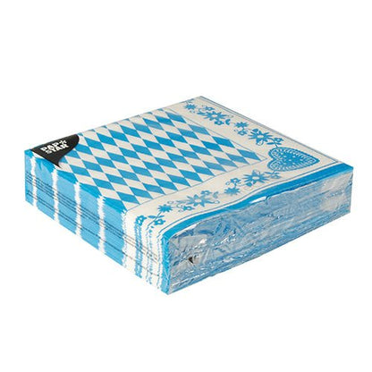 Um conjunto de guardanapos PAPSTAR GmbH 1/4-Dobra, 40x40 cm, Bayrisch Blau, 3-camadas (50 unidades), com padrão de losangos azul e branco, embalado em película transparente.