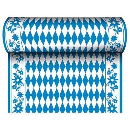 O PAPSTAR caminho de mesa, semelhante a tecido Airlaid (24 m x 40 cm) da PAPSTAR GmbH destaca-se por um padrão de losangos azul e branco no meio e um padrão de flores azuis na borda – ideal como caminho de mesa festivo para ocasiões especiais.
