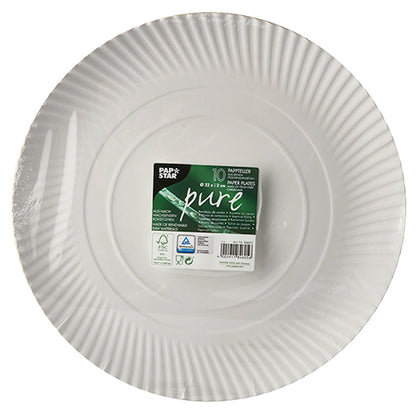 Um pacote com 10 pratos redondos e brancos PAPSTAR de papel "pure" (Ø 32 cm), embalados em filme retrátil com autocolante verde com informações e símbolos ecológicos. Marca: PAPSTAR GmbH.