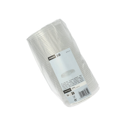 Um pacote com 50 copos descartáveis redondos e transparentes "Hurricane" da Starpak, feitos de PET, embrulhados em plástico e com uma etiqueta indicando a quantidade e informações do produto.