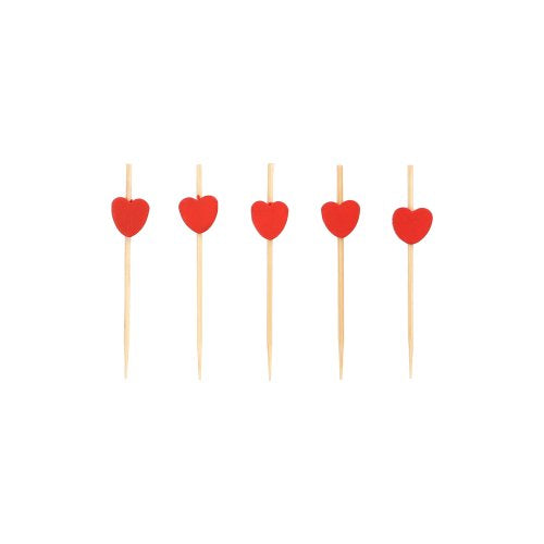 Cinco PAPSTAR 100 Fingerfood - Espetos da PAPSTAR GmbH estão alinhados sobre um fundo branco, cada um com um pequeno coração vermelho na parte superior.