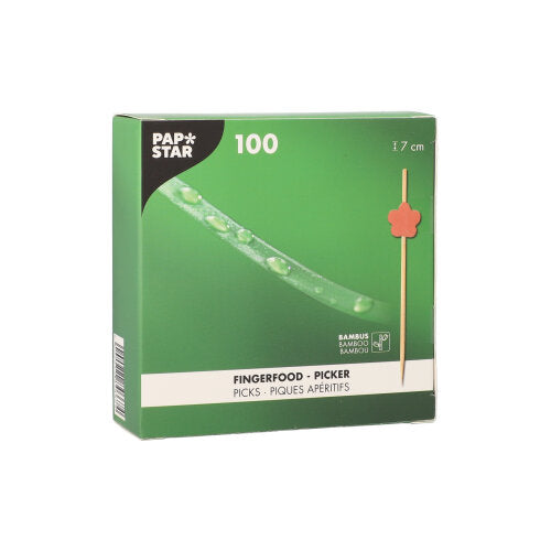 Uma caixa verde da PAPSTAR GmbH 100 Fingerfood-Picker com a imagem de um palito com ponta em forma de flor vermelha; os rótulos mostram que os palitos têm 7 cm de comprimento.