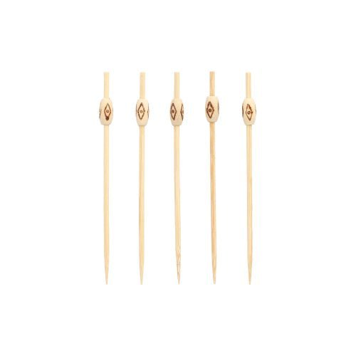 Cinco PAPSTAR 40 espetos para fingerfood "pure" da PAPSTAR GmbH estão dispostos verticalmente sobre uma superfície branca. Cada espeto de madeira é adornado no topo com uma pérola decorativa – ideal para servir fingerfood com estilo em eventos.