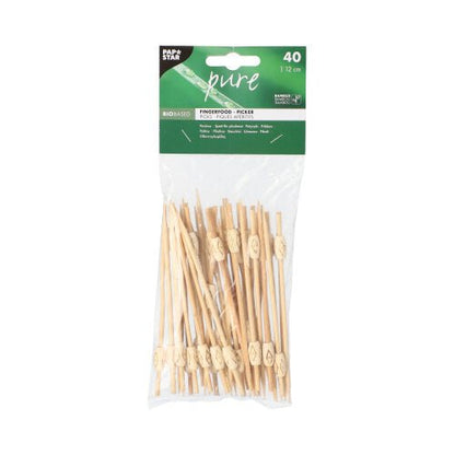 Um saco plástico transparente com 40 PAPSTAR espetos para fingerfood "pure" da PAPSTAR GmbH, cada um com laço decorativo e a inscrição "biobased" – ideal para servir fingerfood com estilo.