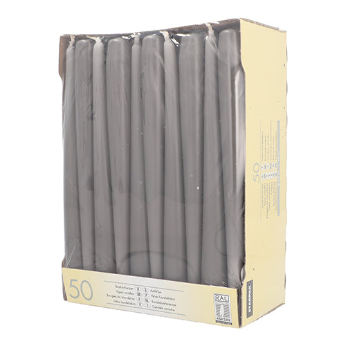 Numa caixa bege parcialmente visível com janela transparente estão 50 velas cônicas Starpak Ø 2,2 cm - 25 cm, velas brancas conhecidas por sua longa duração.