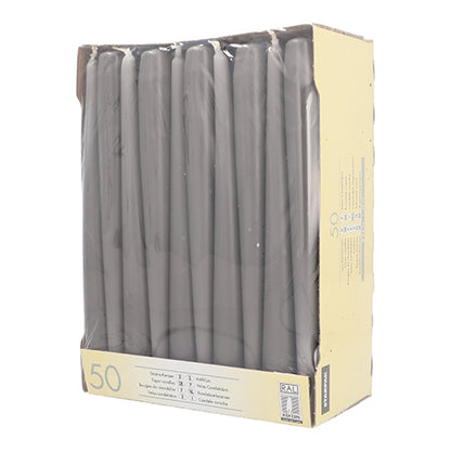 Numa caixa bege parcialmente visível com janela transparente estão 50 velas cônicas Starpak Ø 2,2 cm - 25 cm, velas brancas conhecidas por sua longa duração.