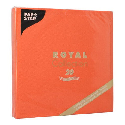 Uma embalagem de PAPSTAR 20 guardanapos "ROYAL Collection" 1/4-dobra 40x40 cm da PAPSTAR GmbH, com informações do produto em dourado na embalagem de tecido premium.