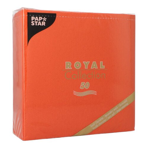 Um pacote PAPSTAR GmbH 50 guardanapos "ROYAL Collection" 1/4-dobra, 40 x 40 cm em nectarina, embalado em filme transparente, com inscrição dourada e branca.