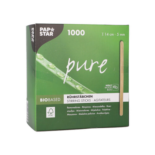 Uma caixa verde da PAPSTAR GmbH com a inscrição "varas de mexer de madeira pure" contém 1000 varas de mexer de madeira ecológicas e estáveis (14 cm), com janela de visualização e texto multilíngue na caixa dobrável certificada pelo FSC.