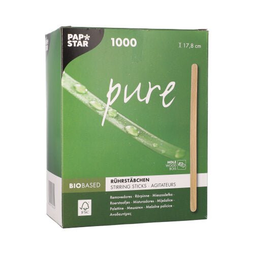 A caixa verde "pure" da PAPSTAR contém 1000 palitos de mexer de madeira certificada FSC® (17,8 cm), com a tradução "palitos de mexer" e a imagem de um palito de madeira na frente. Produto: PAPSTAR palitos de mexer de madeira, caixa dobrável, 1000 unidades.
