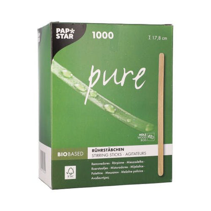 A caixa verde "pure" da PAPSTAR contém 1000 palitos de mexer de madeira certificada FSC® (17,8 cm), com a tradução "palitos de mexer" e a imagem de um palito de madeira na frente. Produto: PAPSTAR palitos de mexer de madeira, caixa dobrável, 1000 unidades.