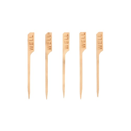 Cinco PAPSTAR 250 marcadores de bife de 9 cm da PAPSTAR GmbH, cada um com a gravação "WELL", estão alinhados em fila, ideal para restaurantes para identificar claramente bifes bem passados.