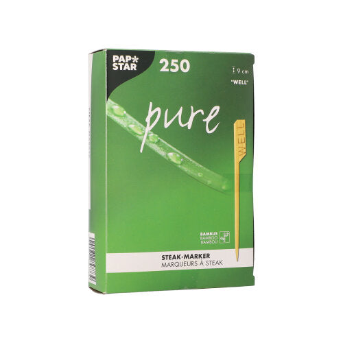Uma caixa verde da PAPSTAR GmbH com a inscrição "PAPSTAR 250 marcadores de bife de 9 cm" contém 250 marcadores de bife de bambu. A embalagem mostra um marcador com a inscrição "WELL" e contém texto em inglês e francês – ideal para cozinhas de restaurantes.