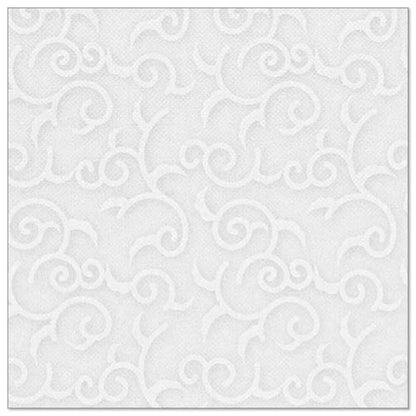 A PAPSTAR GmbH ROYAL Collection 50 guardanapos brancos (1/4 dobrados, 40 x 40 cm) são adornados com um padrão de arabescos em relevo, conferindo estrutura e estilo - ideal para mesas elegantes.
