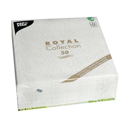 Um pacote selado PAPSTAR GmbH 50 guardanapos "ROYAL Collection" 1/4-dobra, 40 x 40 cm, guardanapos brancos com padrão e texto em dourado/preto na frente. A embalagem contém símbolos de reciclagem nos cantos superiores.