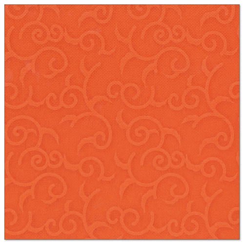 Um guardanapo quadrado, cor laranja nectarina, com padrão de redemoinho em relevo sutil, inspirado no estilo dos guardanapos ROYAL Collection da PAPSTAR GmbH. Produto: PAPSTAR 50 guardanapos "ROYAL Collection" 1/4-dobra 40 x 40 cm nectarina.