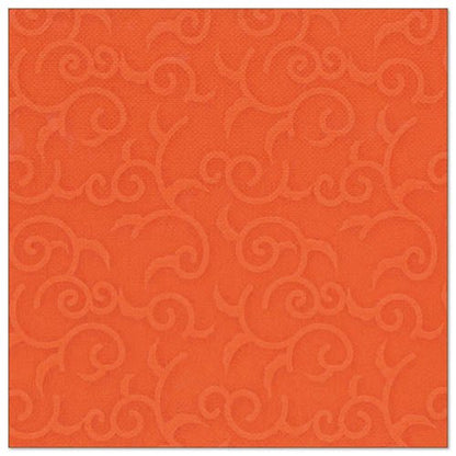 Um guardanapo quadrado, cor laranja nectarina, com padrão de redemoinho em relevo sutil, inspirado no estilo dos guardanapos ROYAL Collection da PAPSTAR GmbH. Produto: PAPSTAR 50 guardanapos "ROYAL Collection" 1/4-dobra 40 x 40 cm nectarina.