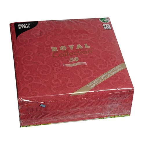 Um pacote de 50 guardanapos bordô PAPSTAR GmbH "ROYAL Collection" 1/4-Dobra, 40 x 40 cm, vem em uma embalagem de plástico clara com padrões decorativos e branding na frente.
