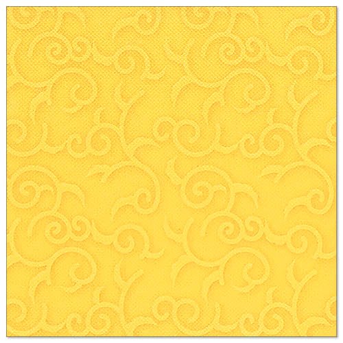 O guardanapo amarelo PAPSTAR 50 guardanapos "ROYAL Collection" 1/4-dobra 40 x 40 cm da PAPSTAR GmbH é totalmente coberto com um padrão de arabescos em relevo.