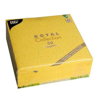 Um pacote selado PAPSTAR 50 guardanapos "ROYAL Collection" 1/4-dobra 40 x 40 cm em amarelo da PAPSTAR GmbH, com o logotipo Papstar no canto superior esquerdo e um símbolo de certificação verde no canto superior direito.