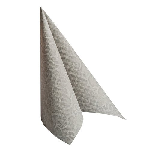 O guardanapo "ROYAL Collection" da PAPSTAR GmbH 50 guardanapos (40x40 cm, cinza, 1/4-dobra) está em pé em frente a um fundo branco e se destaca pelo seu tom cinza claro elegante e padrão discreto.