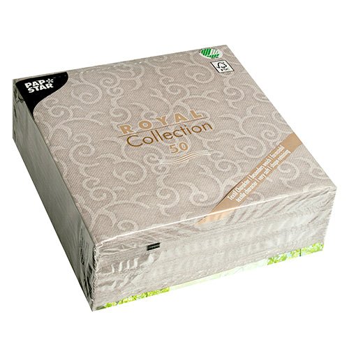 Um pacote selado com 50 guardanapos cinza PAPSTAR "ROYAL Collection" (40x40 cm, 1/4-dobra) da PAPSTAR GmbH - ideal para uma mesa elegantemente posta.