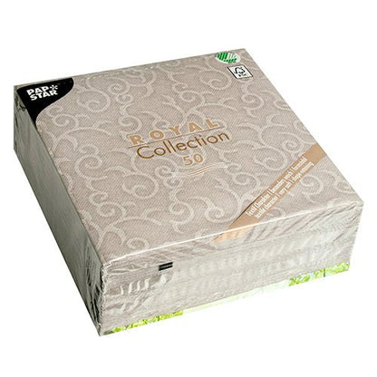 Um pacote selado com 50 guardanapos cinza PAPSTAR "ROYAL Collection" (40x40 cm, 1/4-dobra) da PAPSTAR GmbH - ideal para uma mesa elegantemente posta.