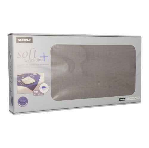 Uma caixa retangular com 20 centros de mesa semelhantes a tecido de tecido não tecido "Soft Selection Plus" da Starpak (80 x 80 cm) possui uma janela transparente, através da qual os guardanapos macios no interior são visíveis. A embalagem predominantemente cinza destaca o logotipo e os detalhes do Soft Selection Plus.