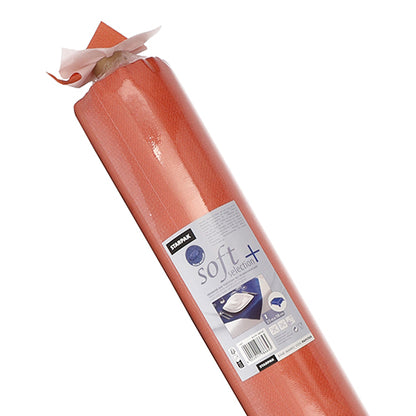 Um rolo de toalha de mesa Starpak, semelhante a tecido, em "soft selection plus" papel médico com uma etiqueta central com a marca Starpak, instruções de uso e a imagem de uma mesa de exame coberta com papel, destacando a qualidade da toalha de mesa durável.