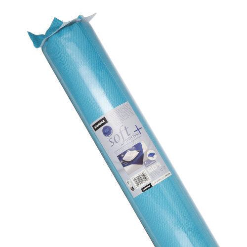 Um rolo azul de toalha de mesa Starpak, semelhante a tecido, Vlies "soft selection plus", em uma embalagem de plástico com uma etiqueta com informações do produto e imagens de colchões, que indicam uma qualidade durável e semelhante a tecido.