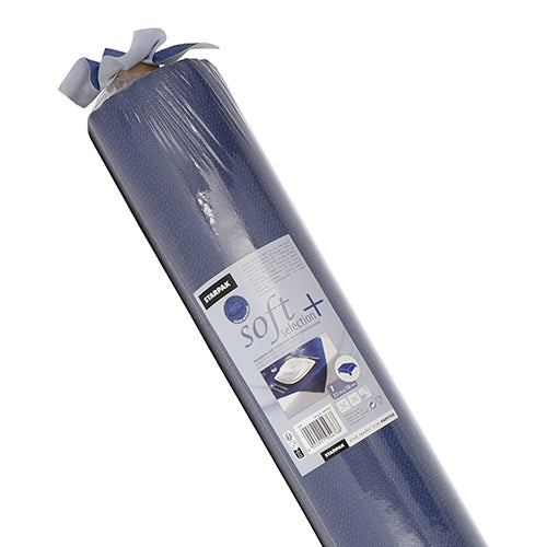 Uma toalha de mesa azul, semelhante a tecido, enrolada com uma etiqueta com a inscrição "Starpak", o nome "toalha de mesa, semelhante a tecido, em 'soft selection plus'" e a imagem de uma mesa posta.