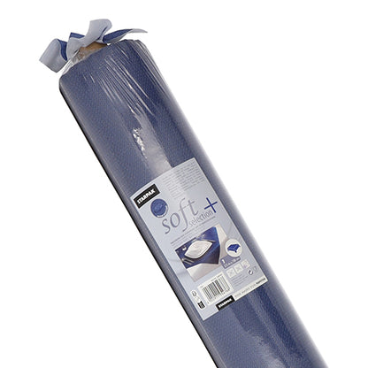 Uma toalha de mesa azul, semelhante a tecido, enrolada com uma etiqueta com a inscrição "Starpak", o nome "toalha de mesa, semelhante a tecido, em 'soft selection plus'" e a imagem de uma mesa posta.