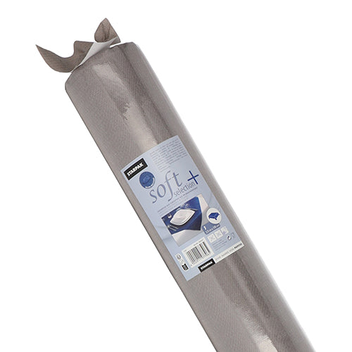 Um rolo de toalha de mesa Starpak cinza, antiderrapante, semelhante a tecido em "soft selection plus" é mostrado parcialmente desenrolado, com uma etiqueta de produto da marca Starpak e o nome da série "soft selection plus".