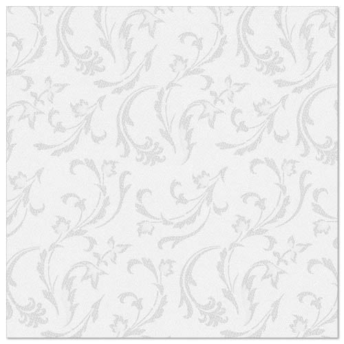 Os PAPSTAR GmbH 50 guardanapos "ROYAL Collection" 1/4-dobra 40 x 40 cm em branco apresentam um elegante padrão de espirais de flores e folhas em cinza claro distribuído uniformemente sobre um fundo branco sólido.