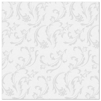 Os PAPSTAR GmbH 50 guardanapos "ROYAL Collection" 1/4-dobra 40 x 40 cm em branco apresentam um elegante padrão de espirais de flores e folhas em cinza claro distribuído uniformemente sobre um fundo branco sólido.