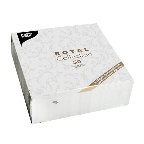 Um pacote com 50 guardanapos PAPSTAR "ROYAL Collection" 1/4-dobra, 40 x 40 cm, branco, da PAPSTAR GmbH. A embalagem é elegante com um padrão discreto e escrita em dourado-preto.