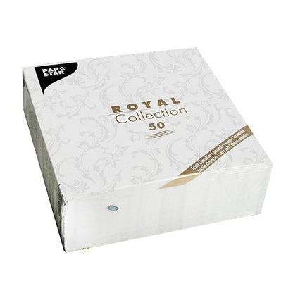 Um pacote com 50 guardanapos PAPSTAR "ROYAL Collection" 1/4-dobra, 40 x 40 cm, branco, da PAPSTAR GmbH. A embalagem é elegante com um padrão discreto e escrita em dourado-preto.