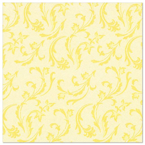 Os PAPSTAR GmbH 50 guardanapos "ROYAL Collection" (40 x 40 cm, amarelo, 1/4-dobra) apresentam um padrão floral e de arabescos em amarelo sobre um fundo amarelo claro - ideal para uma mesa elegantemente posta.