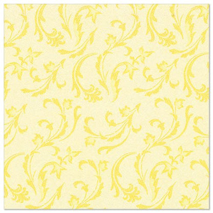 Os PAPSTAR GmbH 50 guardanapos "ROYAL Collection" (40 x 40 cm, amarelo, 1/4-dobra) apresentam um padrão floral e de arabescos em amarelo sobre um fundo amarelo claro - ideal para uma mesa elegantemente posta.