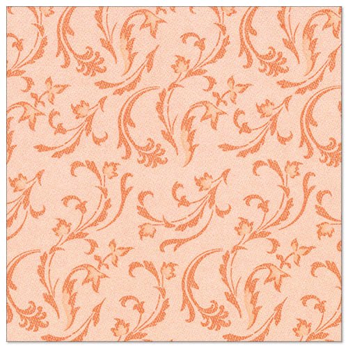 As PAPSTAR 50 guardanapos "ROYAL Collection" 1/4-dobra 40 x 40 cm em nectarina da PAPSTAR GmbH têm um fundo pêssego com um padrão floral e de arabescos artístico repetido em um tom laranja mais escuro.