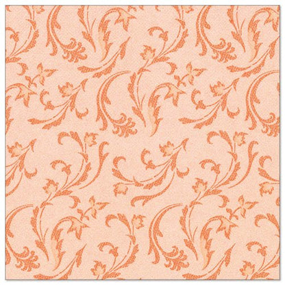As PAPSTAR 50 guardanapos "ROYAL Collection" 1/4-dobra 40 x 40 cm em nectarina da PAPSTAR GmbH têm um fundo pêssego com um padrão floral e de arabescos artístico repetido em um tom laranja mais escuro.
