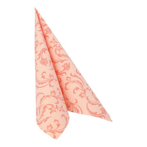 Um guardanapo "ROYAL Collection" de cor nectarina PAPSTAR 1/4-dobra 40x40 cm com padrão de damasco elegante está em pé sobre um fundo branco.