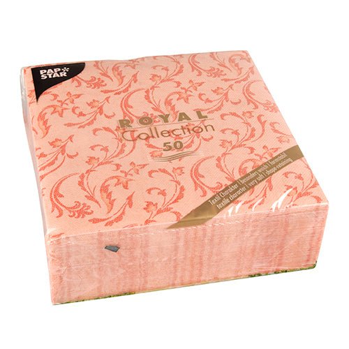 Um pacote com 50 guardanapos "ROYAL Collection" da PAPSTAR GmbH (40x40 cm, 1/4 dobrados) em nectarina com padrão floral, embalados em plástico. A etiqueta mostra "ROYAL Collection 50" e o logotipo de guardanapos PAPSTAR no canto superior esquerdo.