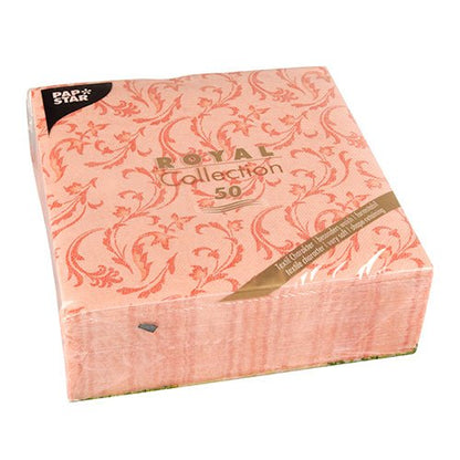 Um pacote com 50 guardanapos "ROYAL Collection" da PAPSTAR GmbH (40x40 cm, 1/4 dobrados) em nectarina com padrão floral, embalados em plástico. A etiqueta mostra "ROYAL Collection 50" e o logotipo de guardanapos PAPSTAR no canto superior esquerdo.